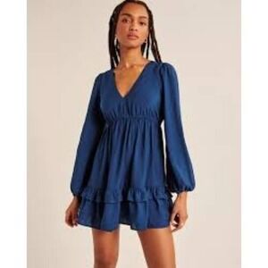 Abercrombie & Fitch Mini Dress Long Sleeve Ruffle Hem V-Neck Blue‎ Size M Tall